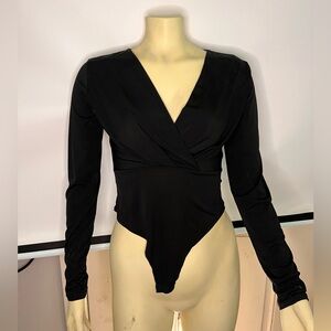Women's Black Long-Sleeve Wrap Bodysuit